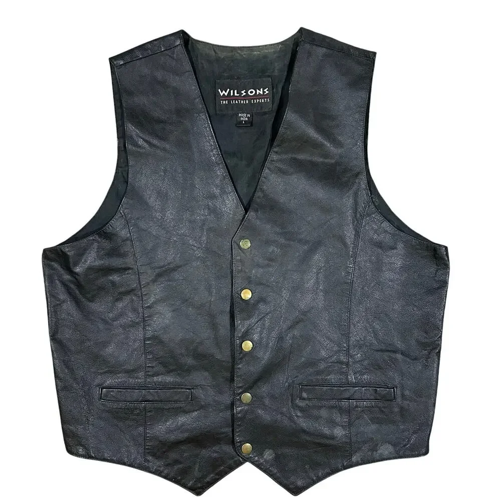 Vintage Wilson’s Leather Vest Men’s Large Snap Button Front Black Western